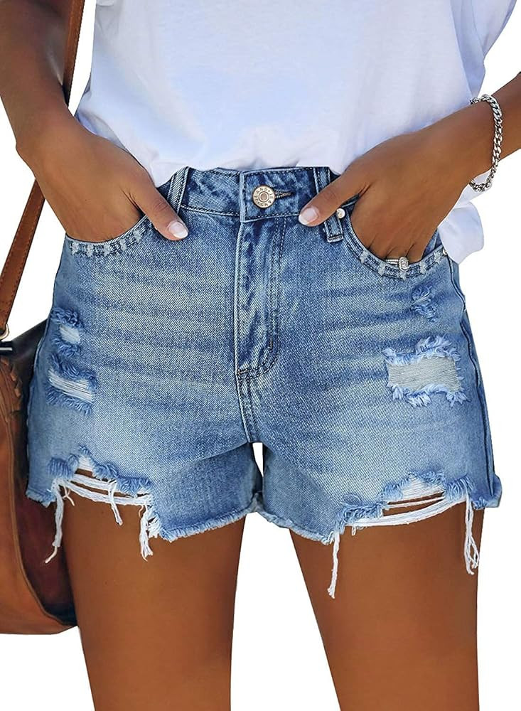 ZOLUCKY Women's Casual Summer Denim Shorts Mid Waisted Stretchy Ripped Jean Shorts with Pockets | Amazon (US)