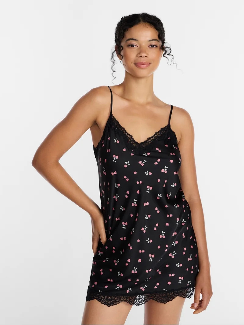 Joyspun Women's Lace Trim Stretch Satin Chemise, Sizes S-3X | Walmart (US)
