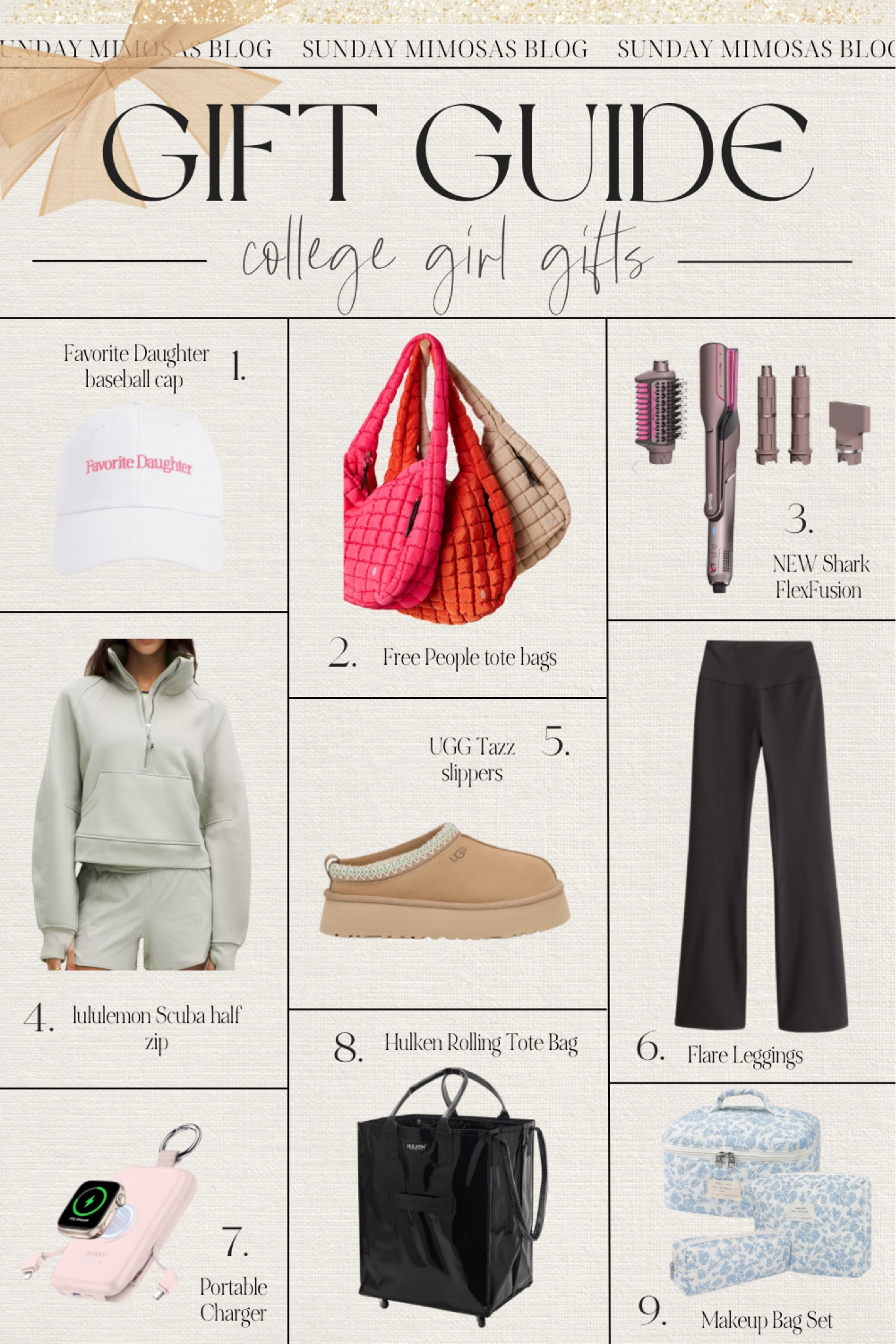 College girl gift guide! 💕 Here are the top gifts for her this holiday season ✨

1. Favorite Daughter baseball hats
2. Free People tote bags
3. NEW Shark FlexFusion
4. lululemon Scuba half zip
5. UGG Tazz slippers
6. Abercrombie flare leggings
7. Portable charger
8. HULKEN rolling tote bag
9. Blue and white makeup bag set

Linking more Christmas gift ideas for college girls and gift ideas for women below!

All of our 2024 Christmas Gift Guides (with more details on the products) are on sundaymimosasblog.com 🎁

#LTKSaleAlert #LTKHoliday #LTKGiftGuide