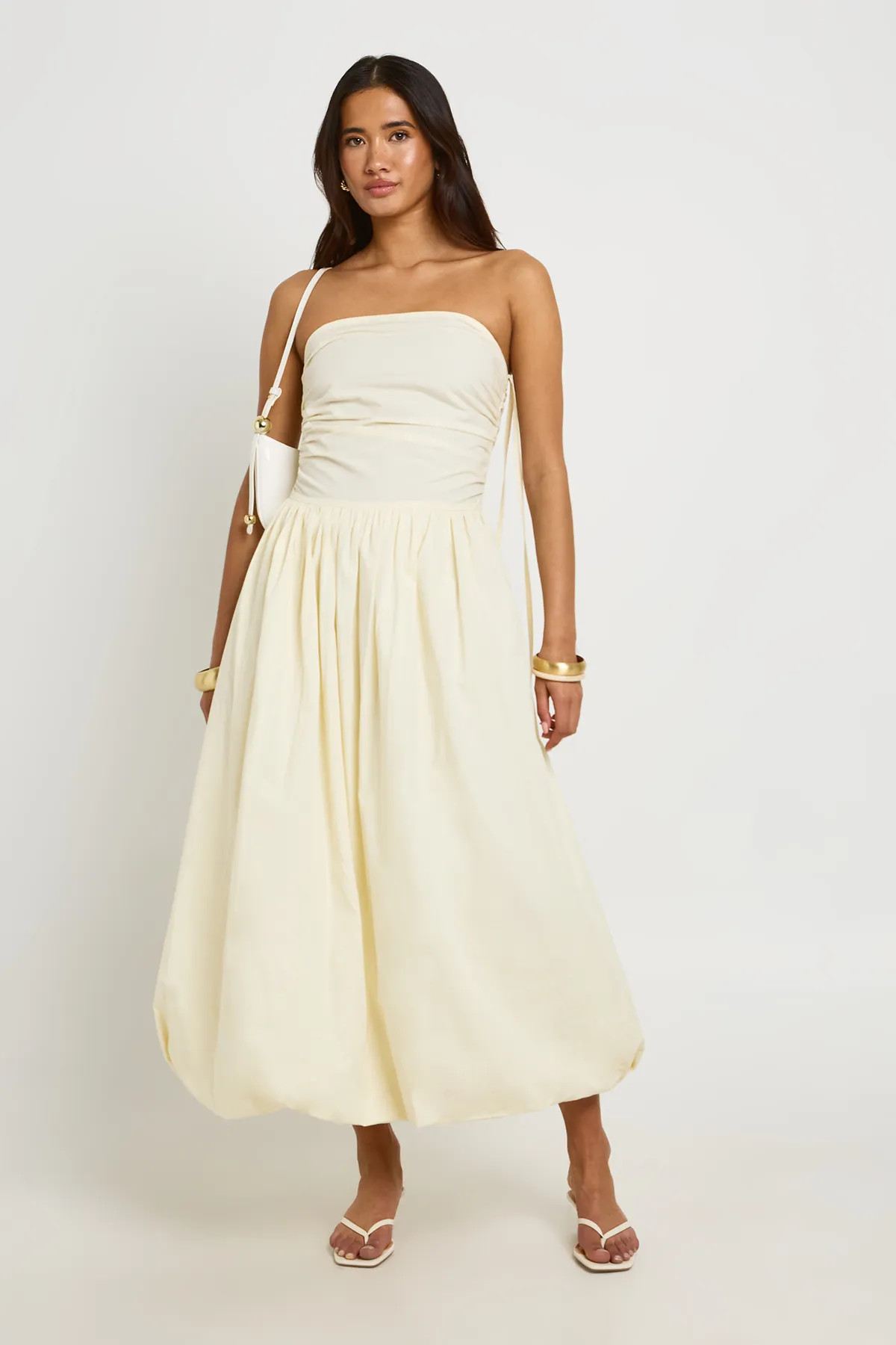 boohoo Women's Cotton Poplin Ruched Puff Ball Midi Dress Dess in Lemon | Size: 8 | Cotton/Polyurethane | boohoo (US & Canada)