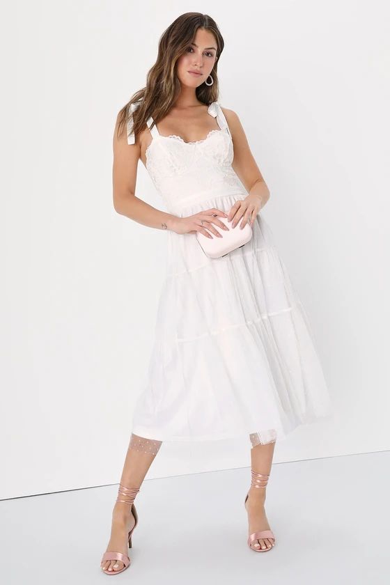 Darling Appearance White Lace Swiss Dot Tie-Strap Midi Dress | Lulus (US)