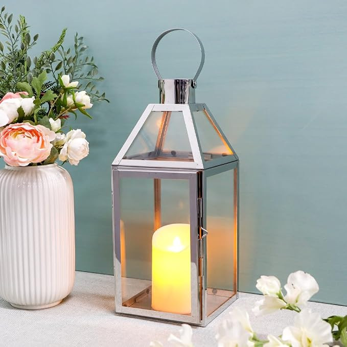JHY Design Silver Decorative Lanterns 16inch High Stainless Steel Candle Lanterns with Tempered G... | Amazon (US)