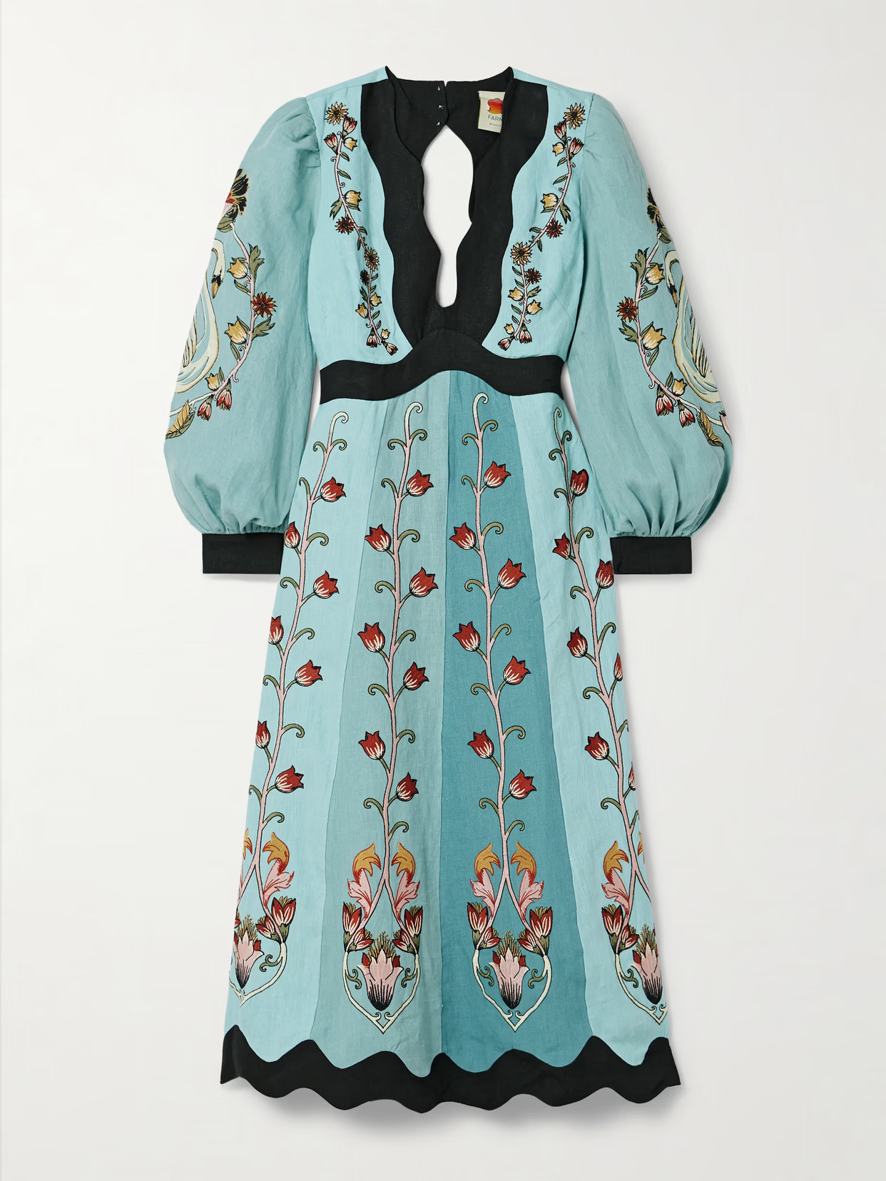 Farm Rio - Open-back Paneled Embroidered Linen Midi Dress - Blue | NET-A-PORTER (US)
