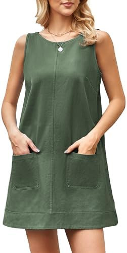 Women's Casual Overall Dress Cotton Crew Neck Cute A Line Sleeveless Pinafore Loose Plain Tank Dr... | Amazon (US)
