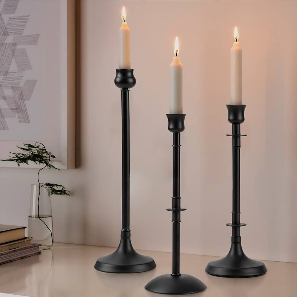 Matte Black Taper Candlestick Holders Set of 3 - Metal Taper Candle Holders for Taper Candles, De... | Amazon (US)