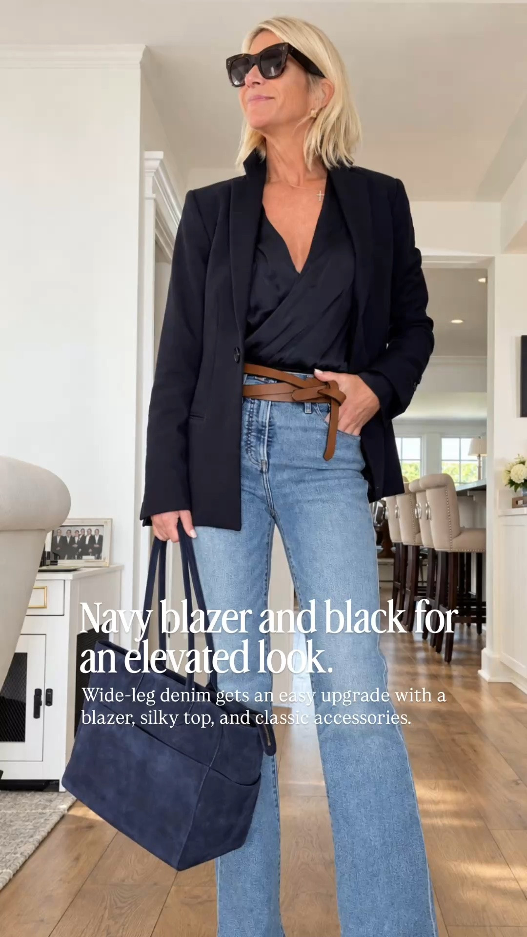 This is how I’m dressing up my jeans! The wide-leg denim feels relaxed, while the navy blazer, silky black top, and belt make the whole outfit feel polished and pulled together. Perfect for lunch, shopping, meetings, or dinner.

👩‍💻 LTK PRO TIPS
❤️ Heart = Support my posts ;-)
🔖 Save = Get sale & restock alerts for the things you love!
📋 Lists = Keep favorites organized (List ideas: Christmas, Birthdays, and Vacations!)
📲 Share = Send lists and products to a friend (or your daughters like me).
💬 Comment = Ask me anything, and I’ll answer. ;-)

#LTKootd #LTKSeasonal #LTKOver40