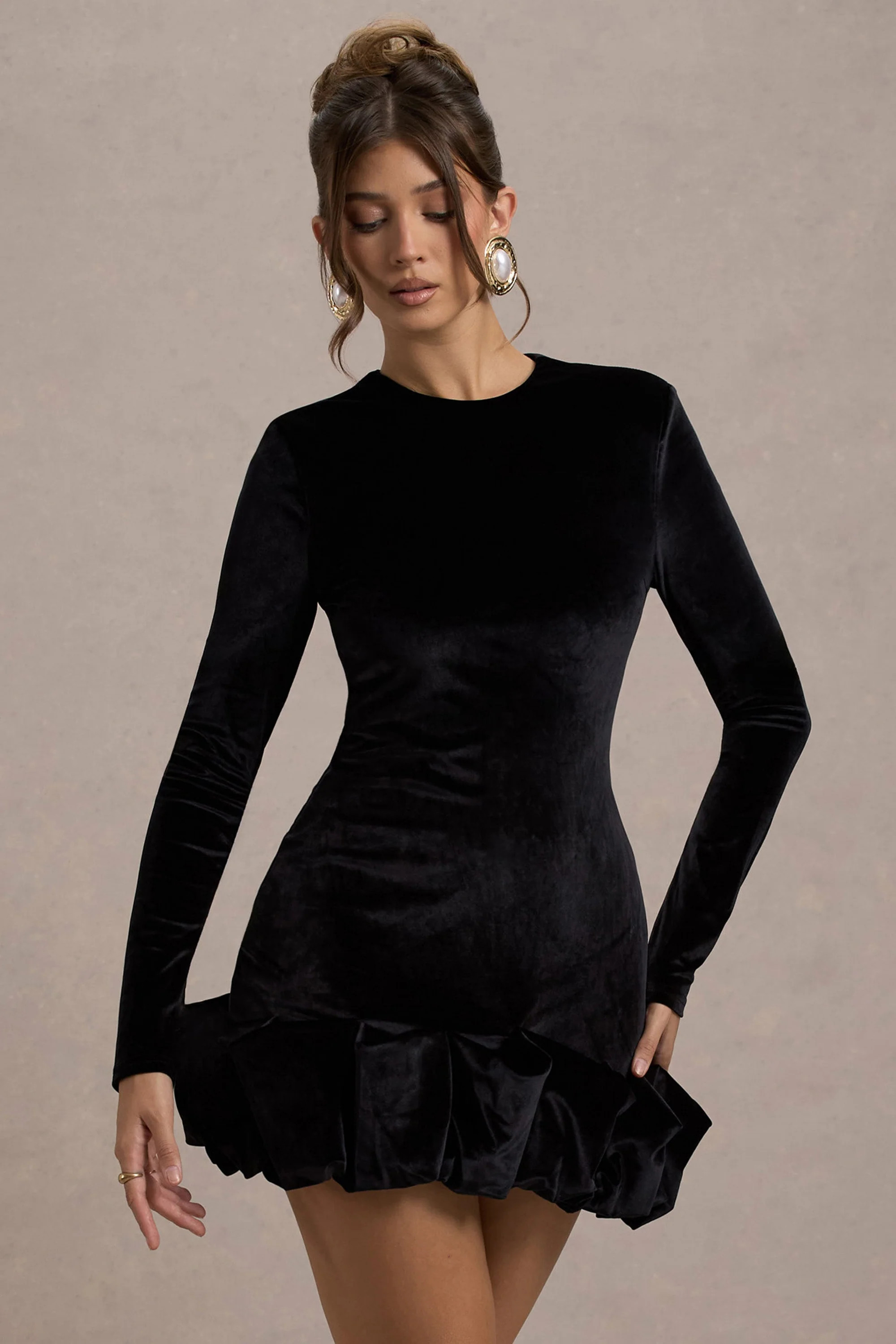 Claudine  Black Velvet Long-Sleeved Ruffled Mini Dress | Club L London