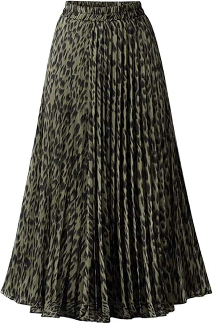 CHARTOU Womens Chic Elastic High Waisted A Line Leopard Print Pleated Shirring Midi-Long Skirt | Amazon (US)