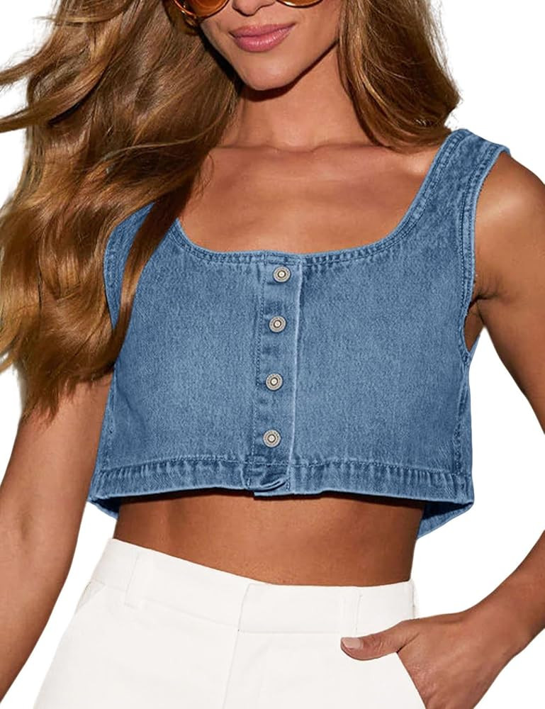 Orchidays Womens Reversible Tank Top Sleeveless Crop Tee Button Denim Blouse | Amazon (US)