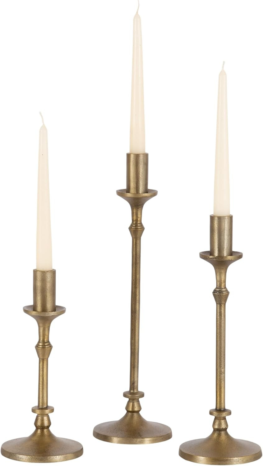 Kate and Laurel Lahari Vintage Three-Piece Taper Candle Holder Set; Set of 3; Antique Brass; Metal Cast Aluminum Candlestick Holders for Dining Table or Fireplace Mantel Display | Amazon (US)