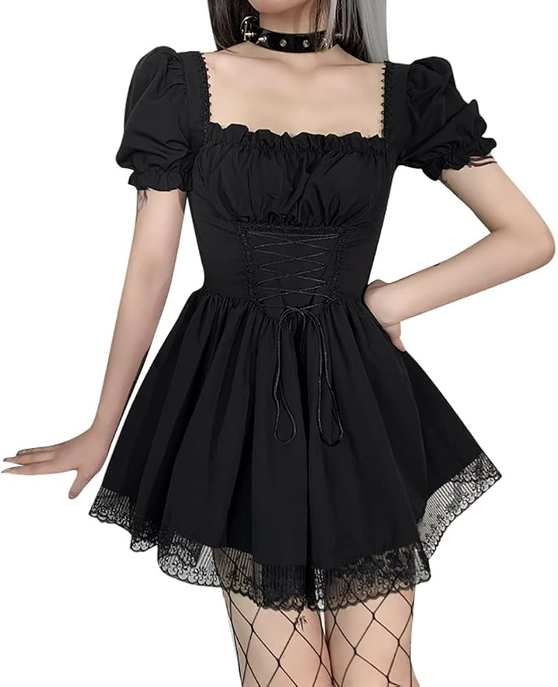 IKADEX Women Gothic Dress Vintage Lace Grunge Punk Goth Dresses Casual Cosplay Party Cocktail | Amazon (US)