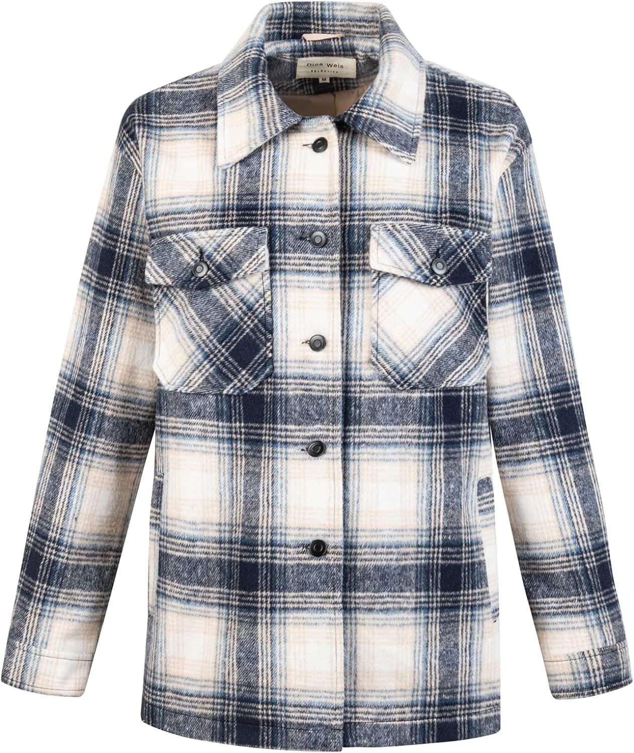 Women's Plaid Long Sleeve Brushed Flannel Shacket Jacket Casual Button Down Oversize Shirt Winter... | Amazon (US)