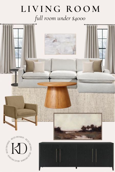 Full living room under $4000 (excluding frame tv)! Biggest ticket item is the sectional at $2400. 
•••
Styled living room, living room decor, furniture, light sectional, wood coffee table, black tv stand, neutral home decor, room styling