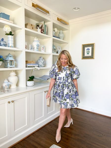 Blue and white baroque floral mini dress perfect for the holiday parties! Puff sleeve details and quality, stiff fabric that holds its shape. Flattering silhouette. And all the basic pumps you need for parties and events! 

#LTKHoliday #LTKshoecrush #LTKfindsunder100