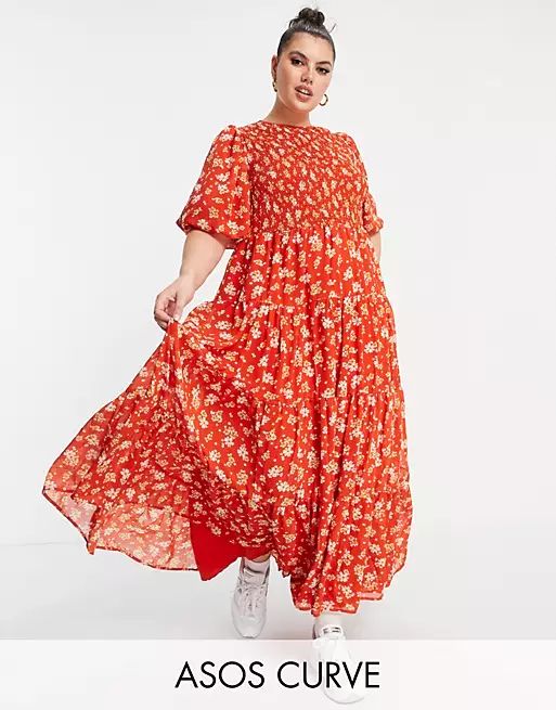 ASOS DESIGN Curve shirred tiered maxi dress in red floral print | ASOS (Global)