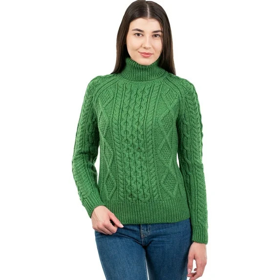 SAOL Aran Women's Irish Sweater 100% Merino Wool Fisherman Cable Knit Turtleneck Pullover Made in... | Walmart (US)