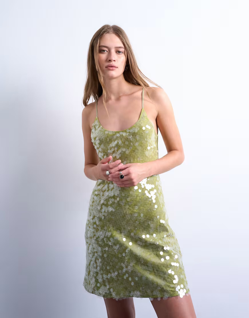 Topshop scoop neck mini sequin dress in avocado-Green | ASOS (Global)