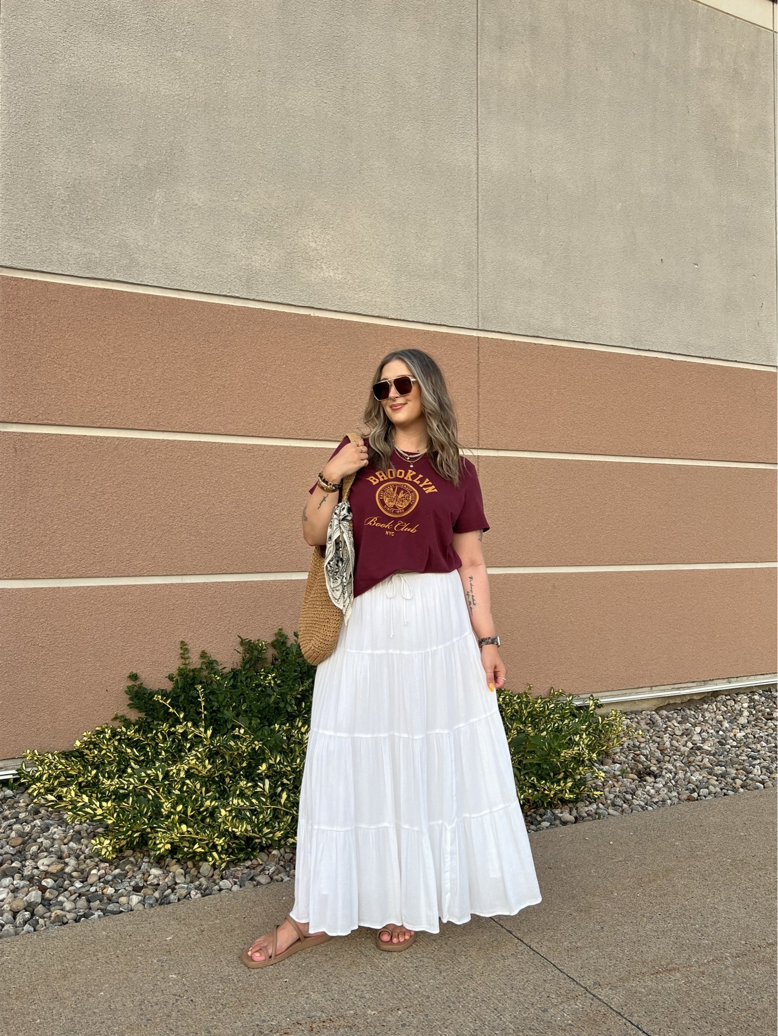 Summer to fall transition outfit! Sized up to XL in the tee for an oversized fit, Canadian link under “similar products”. My white maxi skirt is old from Aerie, linked similar! I’m a 9.5-10 shoe and wear a 10 in the crocs sandals, Canadian link under “similar products”

#LTKsummer #LTKfall #LTKsale