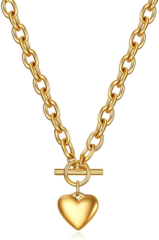 Chain Necklace for Women 18K White Gold Plated Chunky Cuban Chain Link Necklace with Heart Moon H... | Amazon (US)