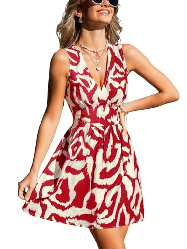 CUPSHE Women's Summer Mini Dress V Neck Sleeveless High Waist Tropical A Line Smocked Sundress Beach Vacation Short Dresses Red Abstract, M | Amazon (US)