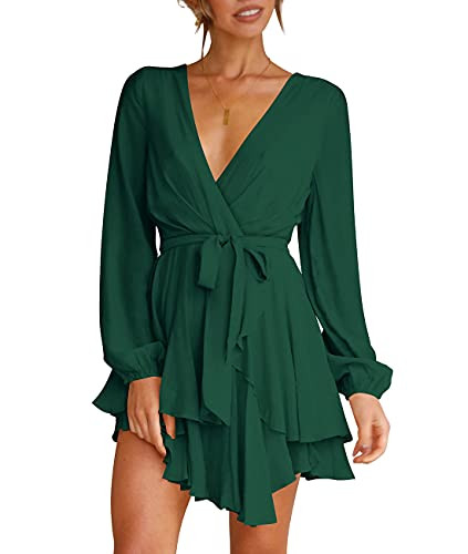 Cosonsen Women's Dress Deep V-Neck Long Sleeve Waist Tie Ruffle Mini Swing Skater Dresses | Amazon (US)