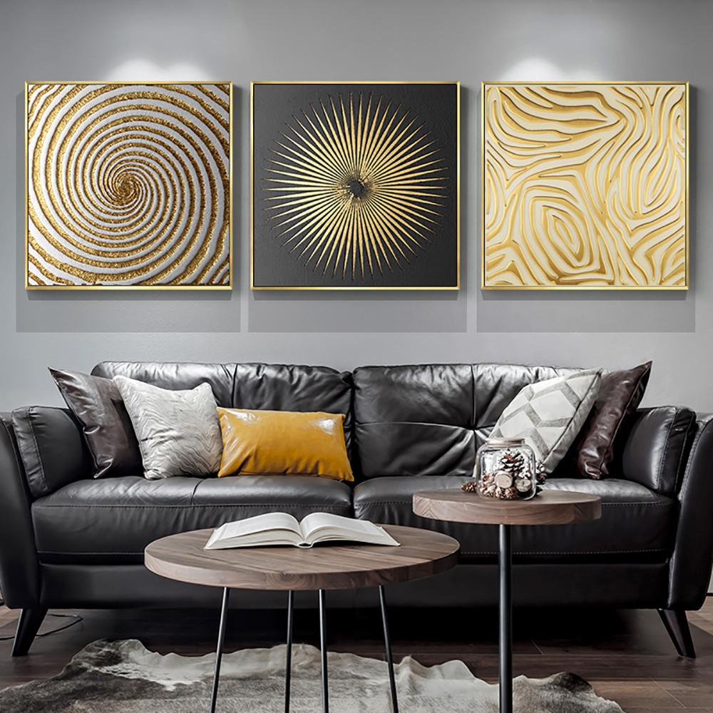 3 Pieces Glam Square Wall Decor Set Canvas Abstract Art with Frame in Gold & Black | Homary