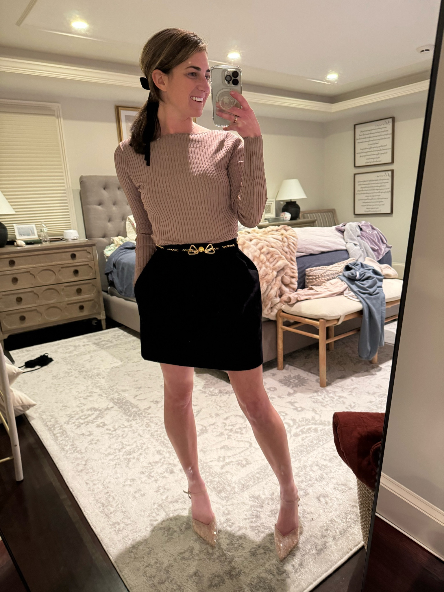 Holiday chic bronze high boatneck top bow wool bubble skirt sequin pointy toed heel

#LTKStyleTip #LTKSeasonal #LTKParties