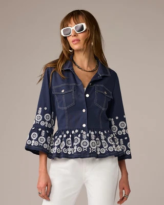 Eyelet Peplum Jacket with Flare Sleeve Navy | Boston Proper
