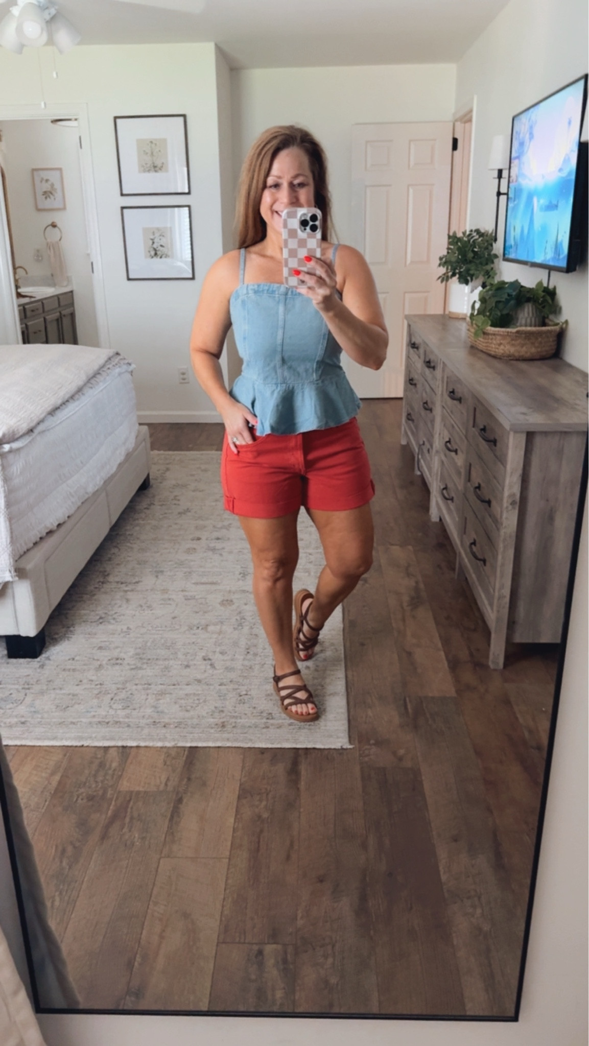 Summer outfit idea 
Denim top with ruffle hem detail 
Denim shorts with cuffs and button fly
Sandals

#LTKootd #LTKPetite #LTKOver40