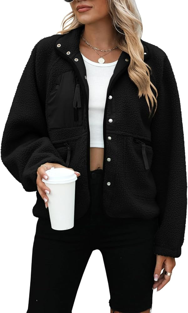 Yanekop Womens Fleece Jacket Fuzzy Long Sleeve Short Coats Button Down Sherpa Outerwear with Pock... | Amazon (US)