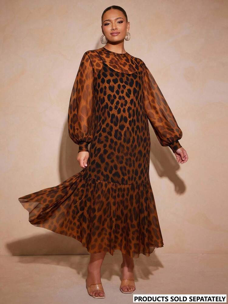 Vixey Leopard Print Tulle Ruffle Hem Sheer Mesh Lantern Sleeve Tunic Top, Leopard Print Dress, An... | SHEIN