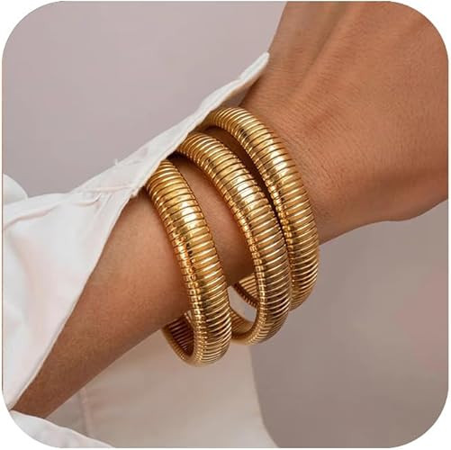 Gold Bangles for Women Chunky Stretch Bangles Bracelets Set 18K Gold Plated Stainless Steel Link ... | Amazon (US)