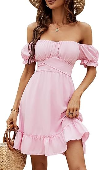 LYANER Women's Off Shoulder Puff Short Sleeve Ruffle High Waist Summer Mini Dress | Amazon (US)