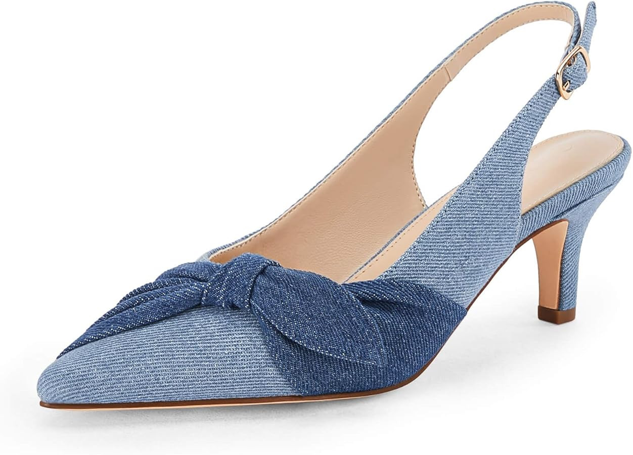 Coutgo Womens Bow Heels Slingback Pumps Low Kitten Heels Closed Pointed Toe Sandals Denim Dress S... | Amazon (US)