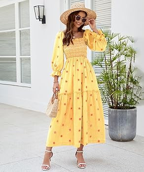 Women Floral Embroidered Maxi Dress Long Puff Sleeve Square Neck Bohemian Flowy Dress with Pocket... | Amazon (US)