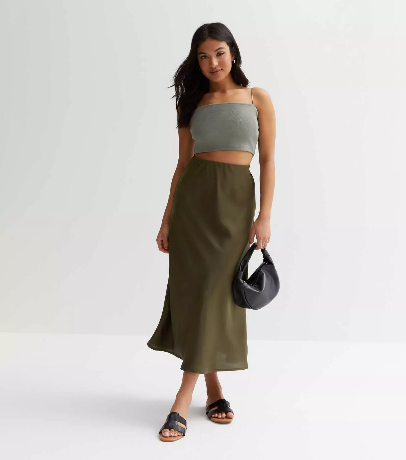 Satin bias cut shop midi skirt khaki