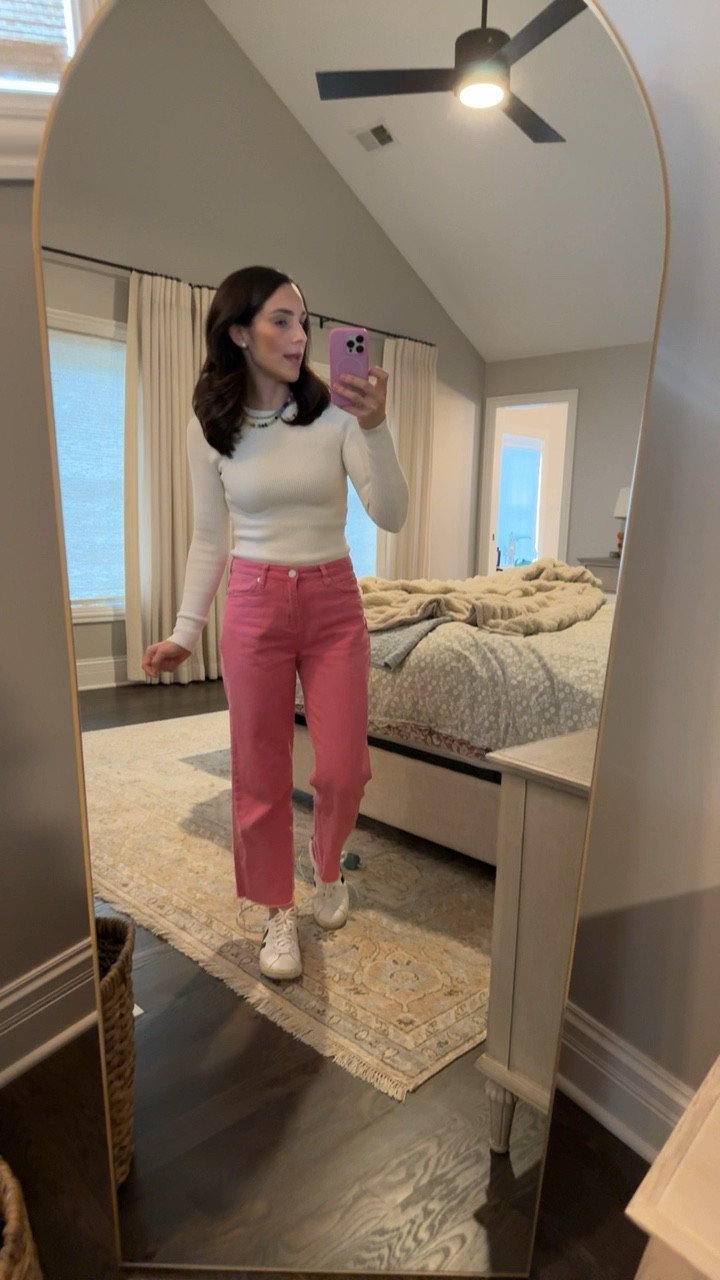 Easy spring outfit for a family dinner with the kids. 

Mom life // mom outfit // pink jeans // rainbow bead necklace // sneakers and jeans // vejas 

#LTKfindsunder100 #LTKstyletip #LTKSeasonal