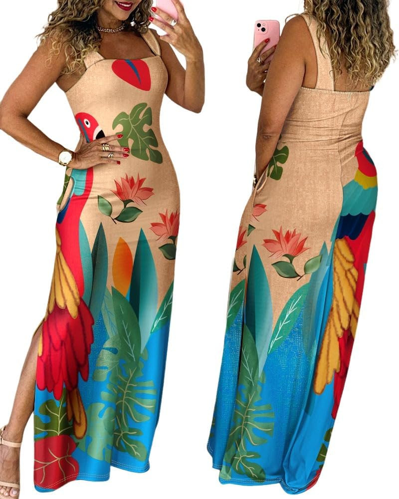 CHICME Women's Summer Maxi Dress Casual Thick Strap Square Neck Boho Sundress Split Vacation Dres... | Amazon (US)