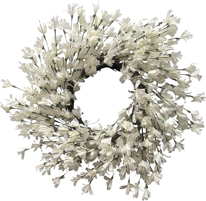White Cream Forsythia Wreath 24 Inch Spring Front Door Blossom Cluster Flower Farmhouse Wreath on... | Amazon (US)