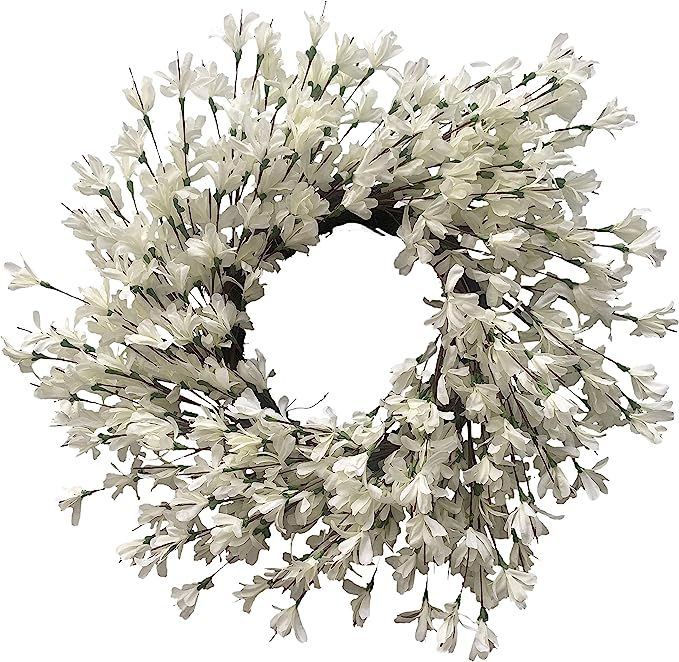 White Cream Forsythia Wreath 24 Inch Spring Front Door Blossom Cluster Flower Farmhouse Wreath on... | Amazon (US)