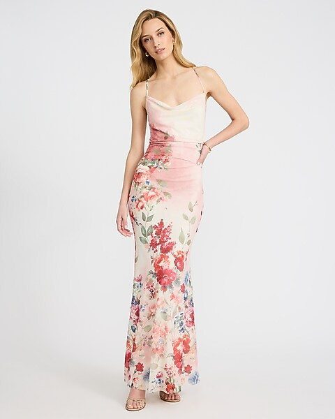 Floral Mesh Cowl Neck Strappy Low Back Maxi Dress | Express