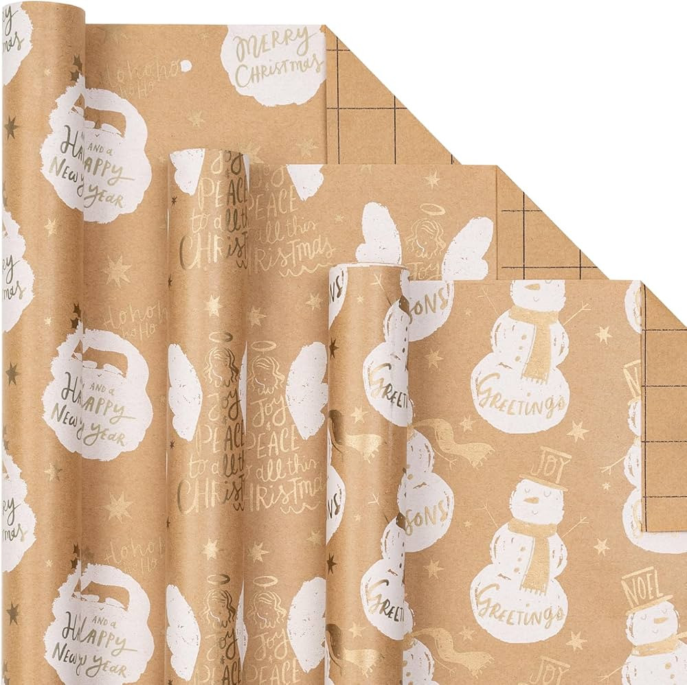 LeZakaa Christmas Kraft Wrapping Paper - Mini Roll - Snowman/Angel/Santa Claus Design in Gold for... | Amazon (US)