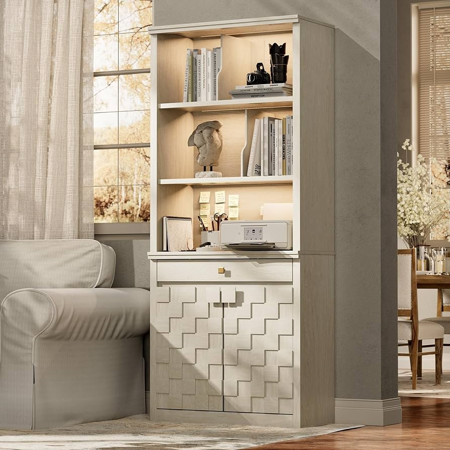 Fluted Bookcase with LED Light, 72.2" Tall Freestanding Bookshelf with Drawer and Doors, Modern S... | Amazon (US)