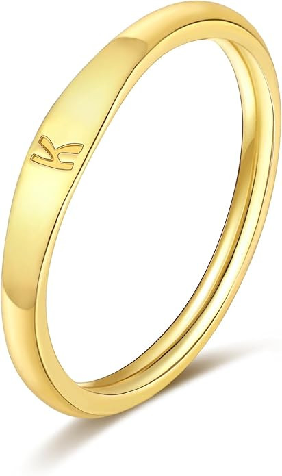 Gold Initial Rings for Women 14K Dainty Plain Stackable Letter Ring for Teen Girls Cute Fashion T... | Amazon (US)