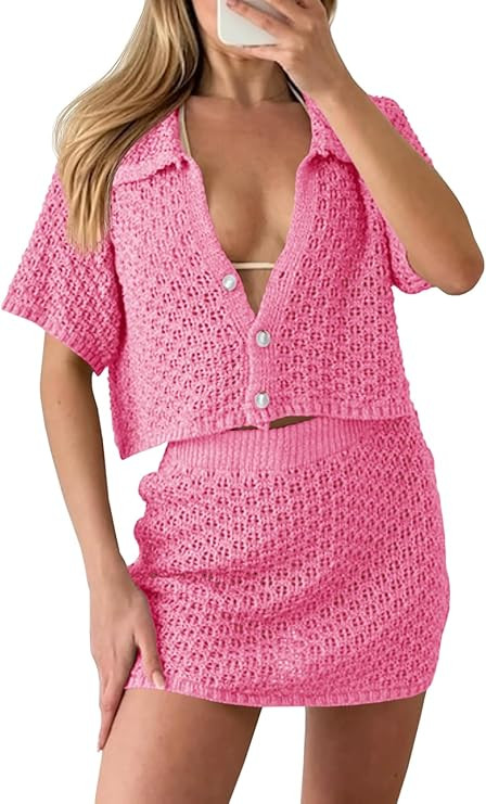 Saodimallsu Women 2 Piece Cover Up Set Crochet Beach Summer Knit Button Short Sleeve Crop Top Min... | Amazon (US)