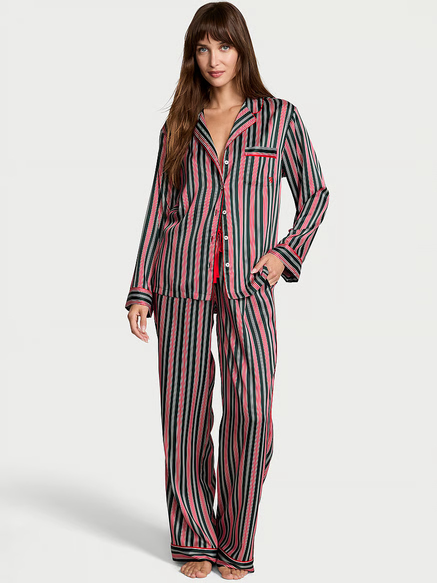 Buy Glazed Satin Long Pajama Set, Festive Red & Green Stripe - Order Pajamas Sets online - Victor... | Victoria's Secret (US / CA )