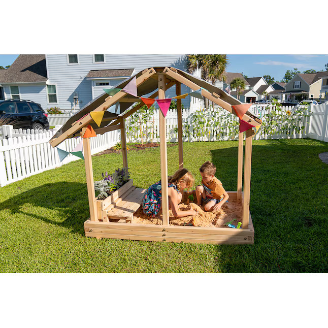 Funphix  Dig Play Grow Wooden Sandbox with Flower Planter, Bench, and Roof - Build the Ultimate S... | Lowe's
