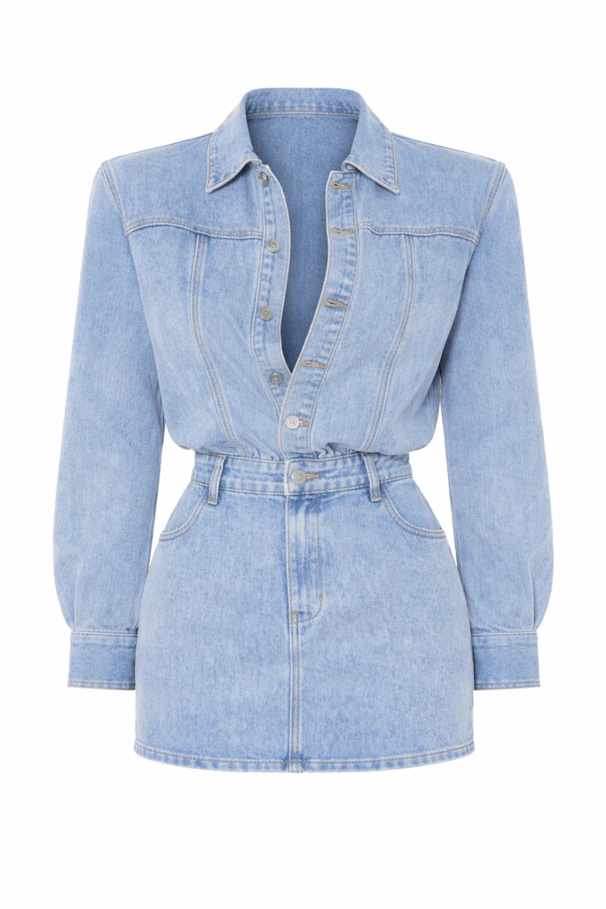 GIANNA Blue Shoulder Pad Denim Dress | Noughts and Kisses