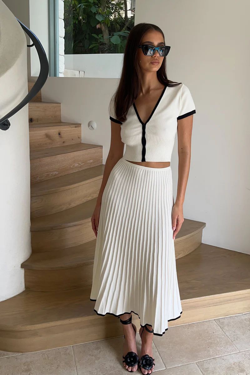 Jolene Contrast Rib Knit Midi Skirt - White | MESHKI US