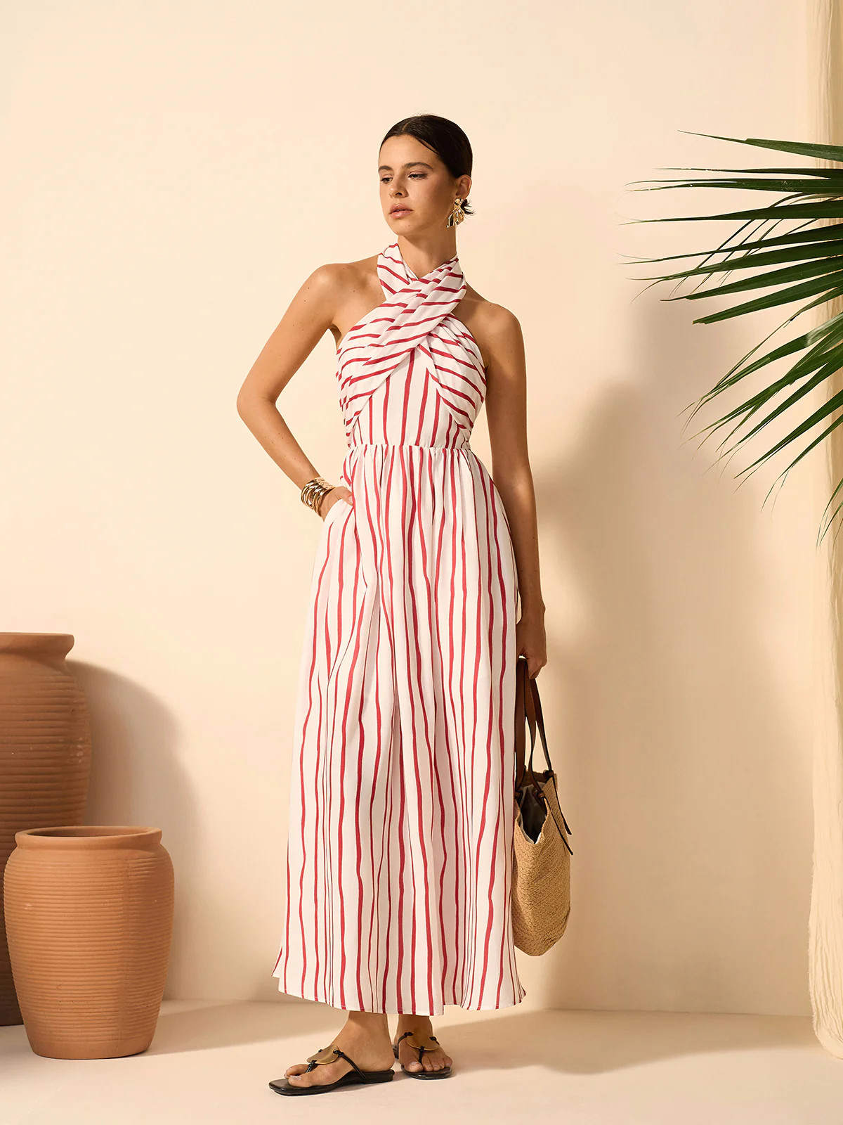 Striped Twist Halter Dress | Commense